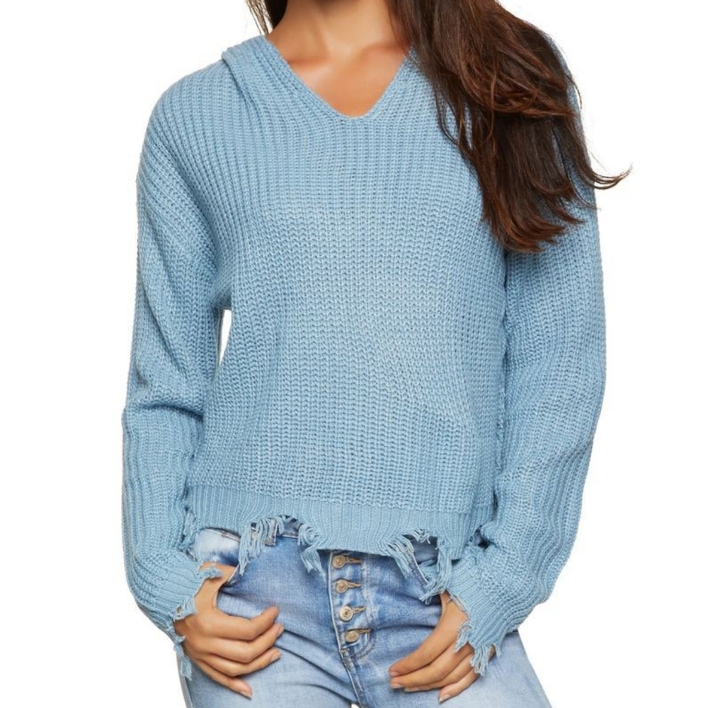 NWT Light Blue Distressed Hooded Sweater